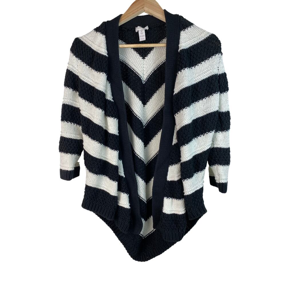 Chico's Women's‎ 2 Black Cream Striped Open Shark Bite Hem Cardigan Sweater*